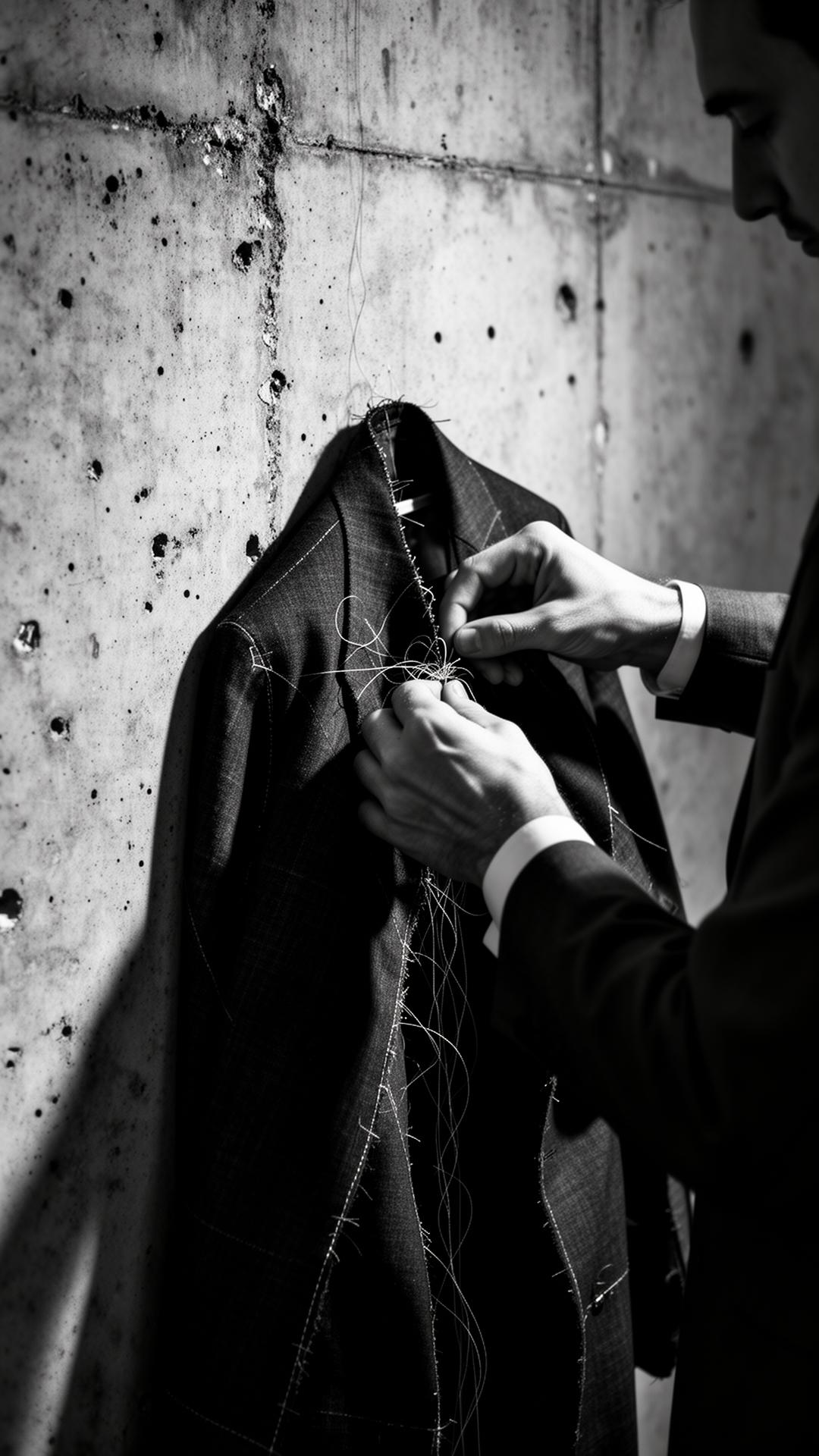 Master tailor's hands working raw fabric against a concrete wall